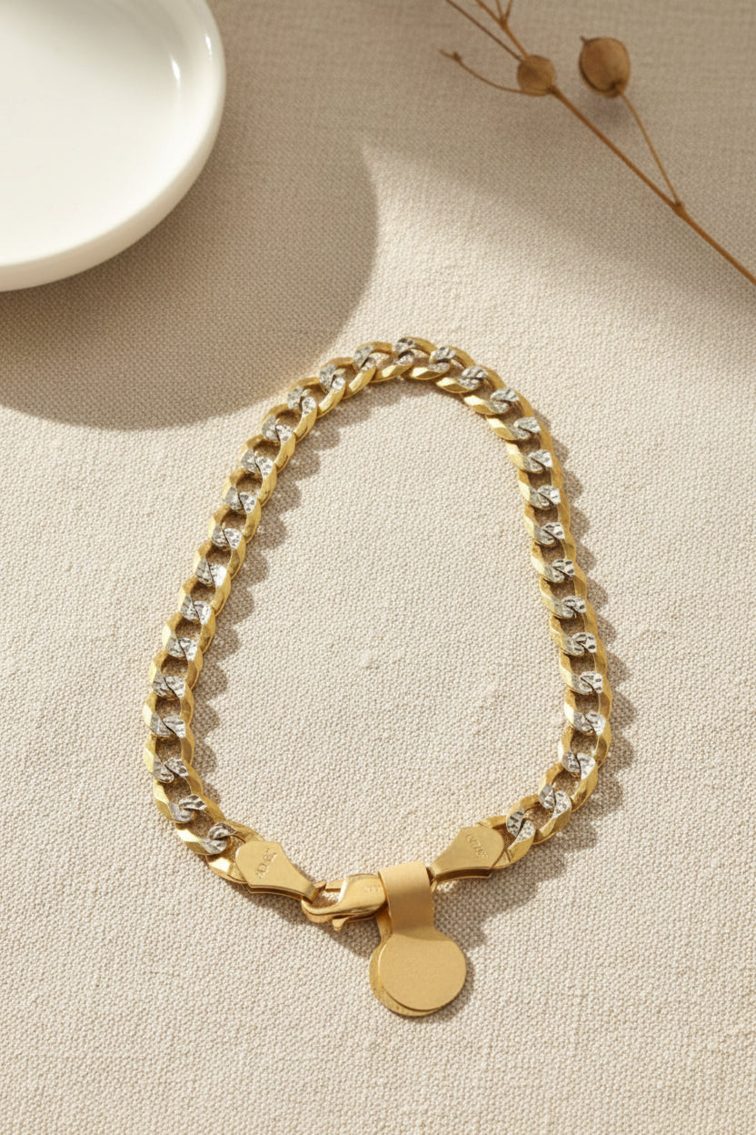 Pulsera Cadena Barbada Bitono Diamantada en Oro 10K